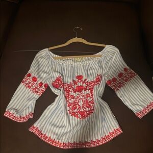 Gianni Bini Red Embroidered Striped Blouse